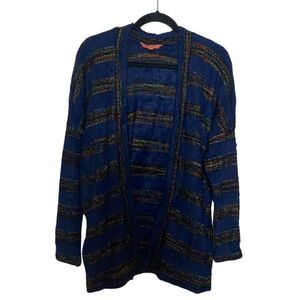 ModCloth Cozy Blue Striped Cardigan Sweater. Size L. Rainbow Thread Stitch.